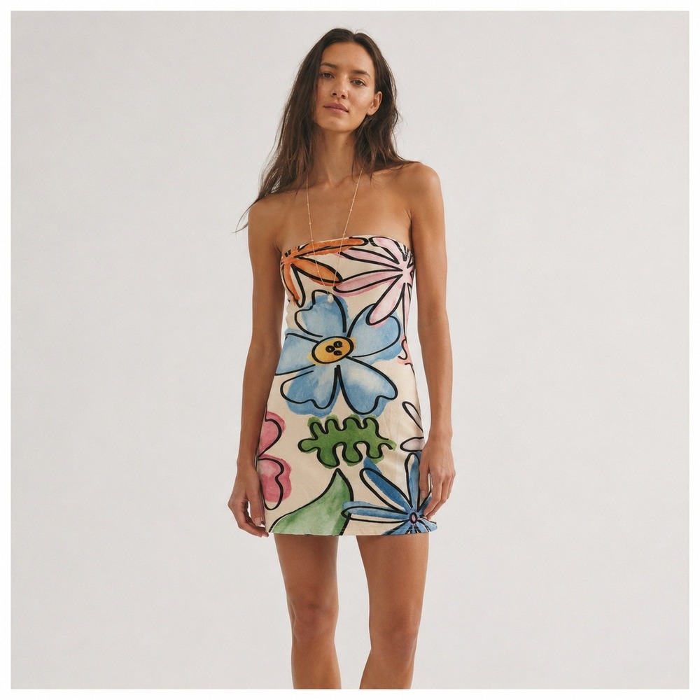 VRG GRL Watercolor Floral Tube Dress Mini Womens 8 Strapless Stretchy Summer NWT
